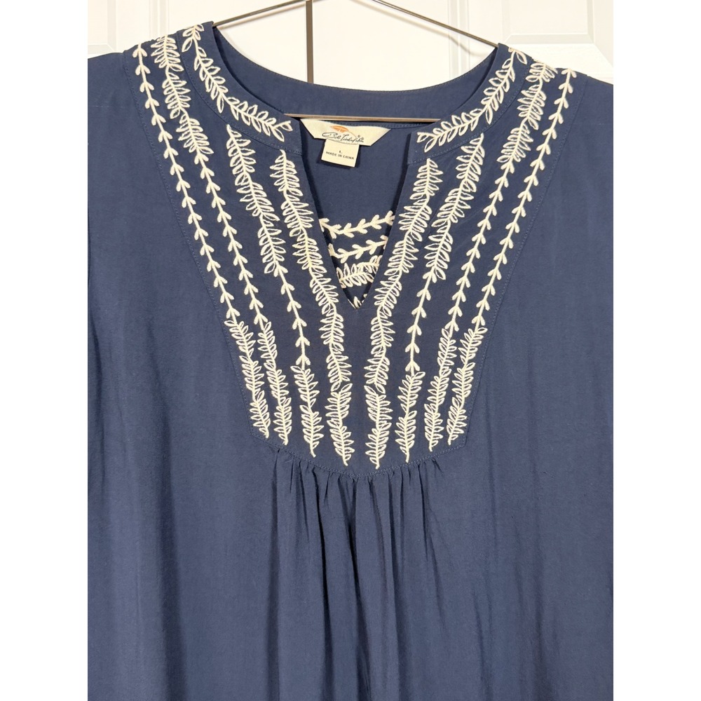 Bob Timberlake Navy Blue Embroidered Boho Split Neck Rayon Blouse Womens Large - Picture 2 of 5